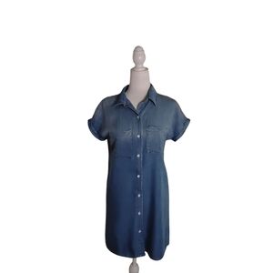 Zilcremo Women's S Denim Shirt Mini Dress Button Down Short Sleeve Cuff Sleeve